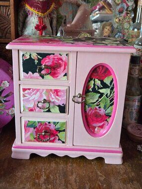 Whimsical Pink Rose Decoupage Jewelry Box Cottagecore Organizer Trinket Case